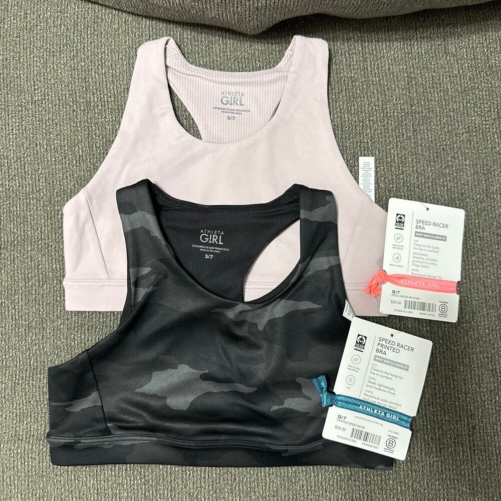 Lot of 2 Athleta Girl Speed Racer Bra Size Small 7 Black Camo New
